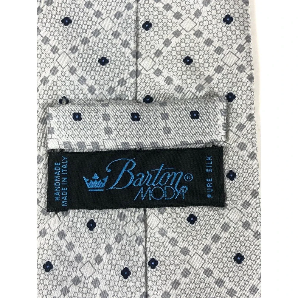 Barton MODA Pure Silk Tie Handmade in Italy Gray Geometric Pattern Navy Blue Dot